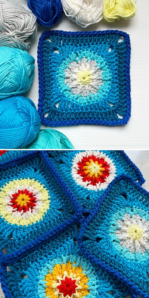 blue crochet squares with vibrant red centers