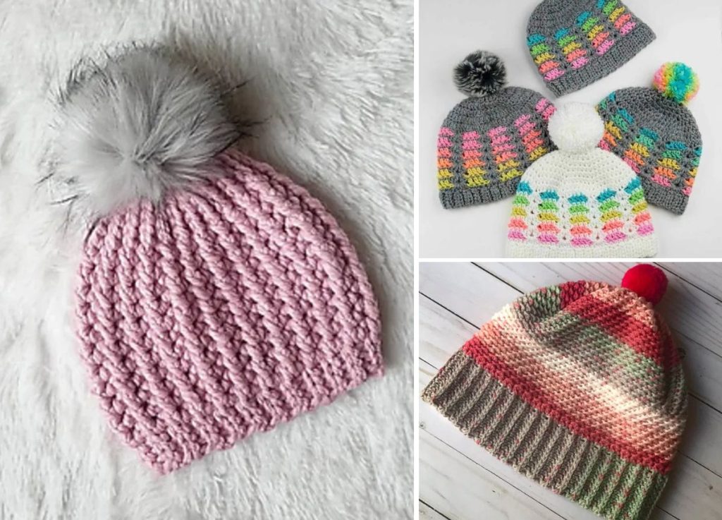 Four crocheted beanies with pom-poms are shown: a pink hat with a gray pom-pom, three colorful hats, and a striped hat with a red pom-pom on a white background.