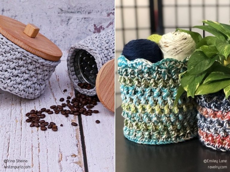 Two pictures of crocheted pots and a plant showcasing crochet home accessories.