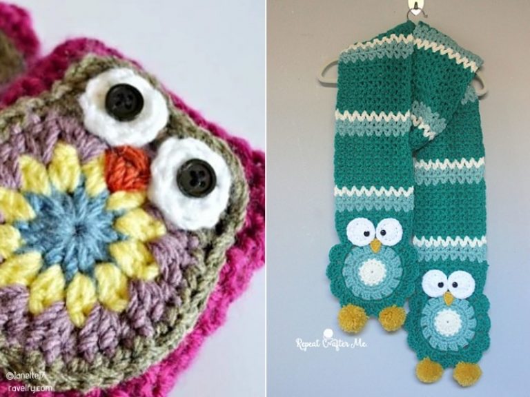 Crocheted owl scarf and hat patterns.