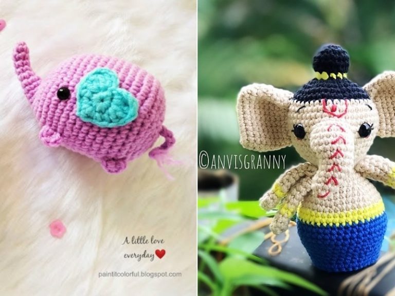 A pair of crocheted elephants.