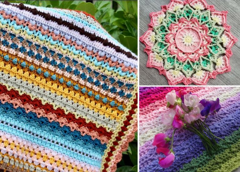 A collage showing colorful crochet patterns: two striped crochet pieces with various stitch styles and one mandala-style circular crochet motif, plus a small bouquet of flowers on the lower right.