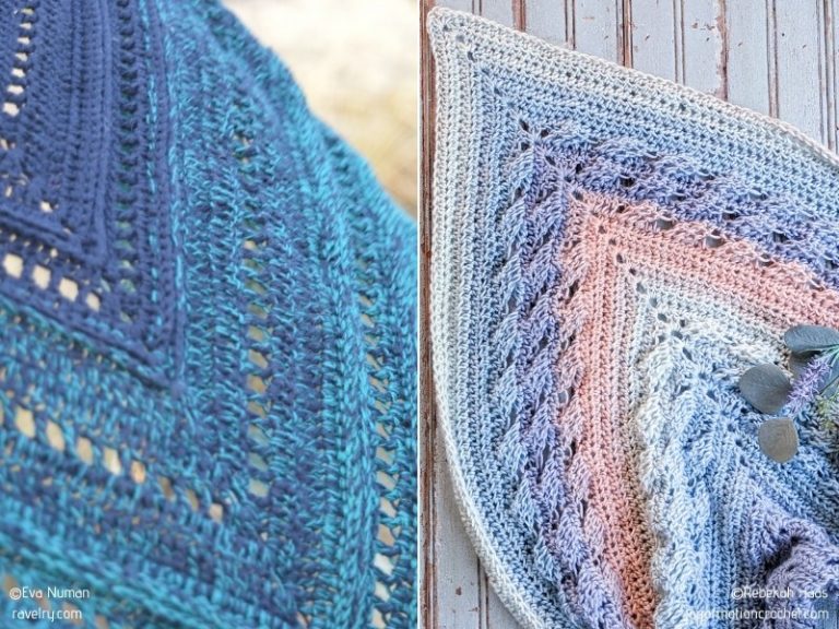 Two pictures of crochet shawls.