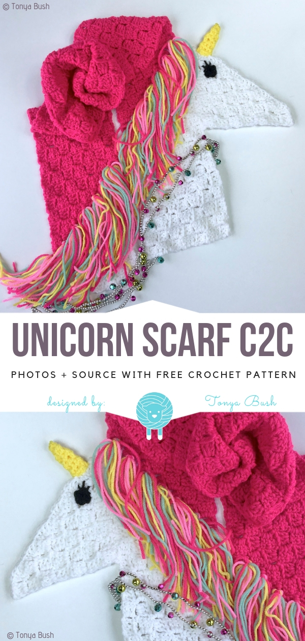 Unicorn crochet pattern with free scarf c2c design.