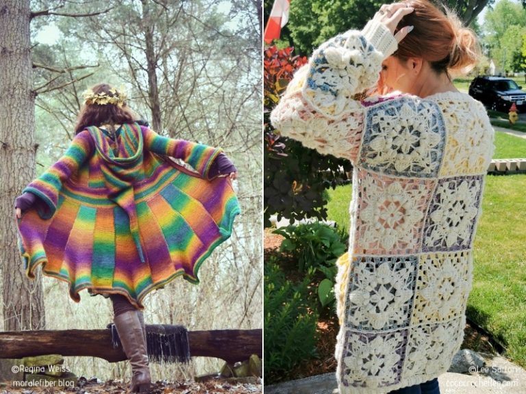 Two pictures of a woman wearing a colorful crocheted cardigan, showcasing crochet coats.
