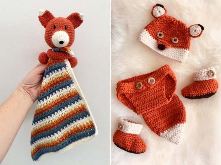 A crocheted fox outfit and a stuffed animal, both featuring intricate crochet work.