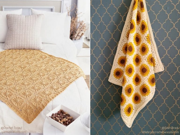 Two pictures of a bed with a yellow blanket, perfect for summer.