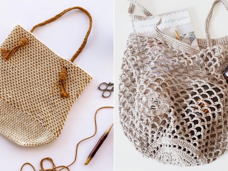 Two pictures of market bags made by crochet.