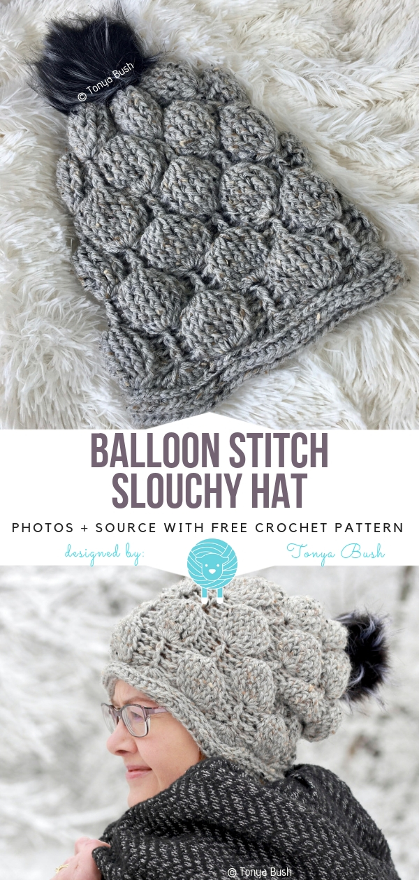 Crochet pattern for a slouchy hat with balloon stitch and flower blocks.
