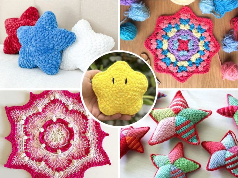 Collage of colorful crochet star-shaped items, including plush toys and doilies, displayed on various backgrounds with yarn and hands visible.