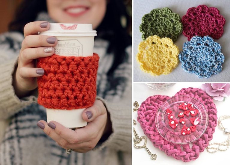 A person holds a coffee cup with a red crocheted sleeve; next to it are four crocheted coasters and a pink heart-shaped crocheted mat with buttons in a clear dish.