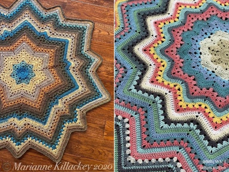 Two pictures of star-shaped crochet blankets.