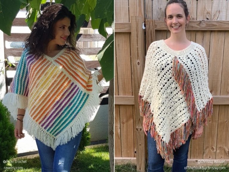Two pictures of a woman wearing crochet ponchos.
