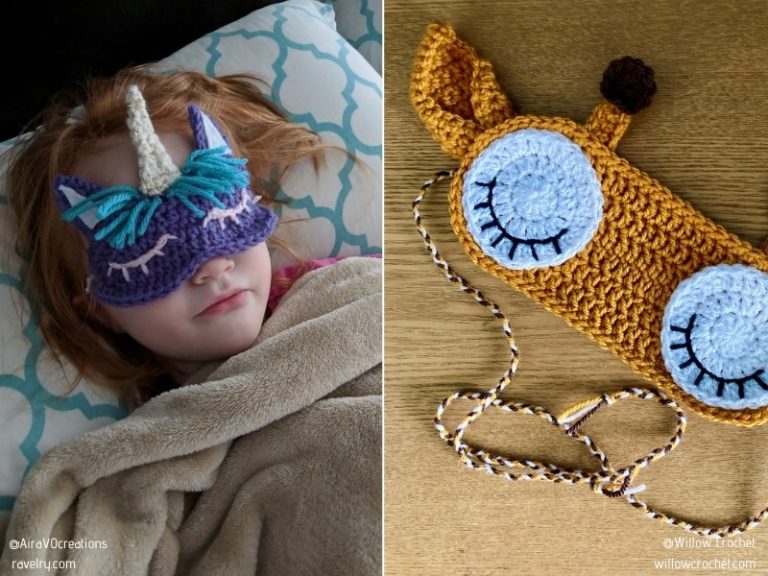 Two pictures of a little girl laying in bed with a crocheted eye mask.