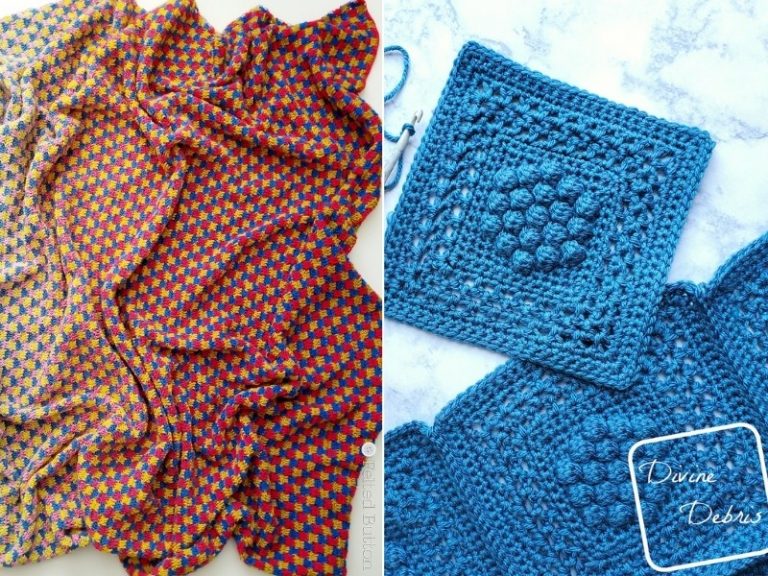 Two crocheted throws on a table.