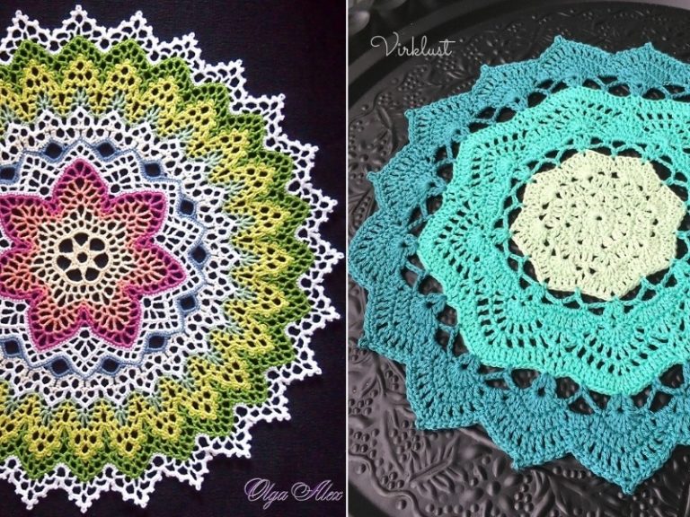 Two pictures of crocheted doilies on a table displaying crochet patterns.