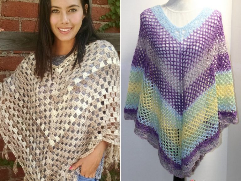 Two pictures of a woman wearing a crocheted poncho.