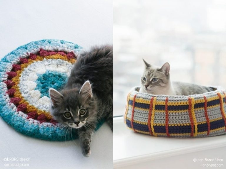 Two pictures showcasing crochet ideas for cats in a cozy bed.