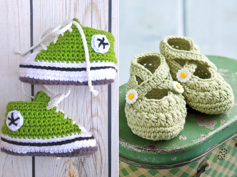Crocheted baby shoes and a pair of green crocheted tiny amigurumi animal shoes.