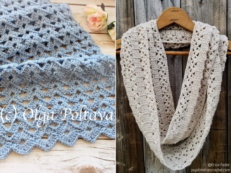 Two pictures of crocheted scarves.