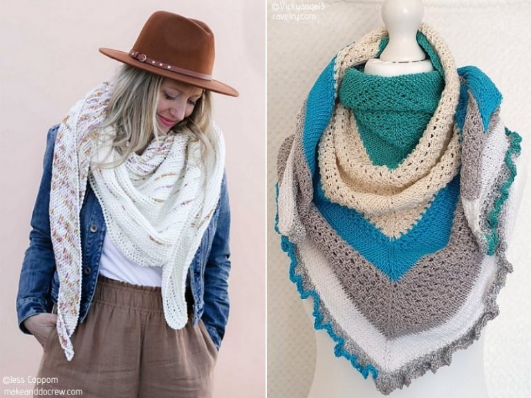 Two pictures of a woman wearing a scarf and hat featuring crochet shawls.
