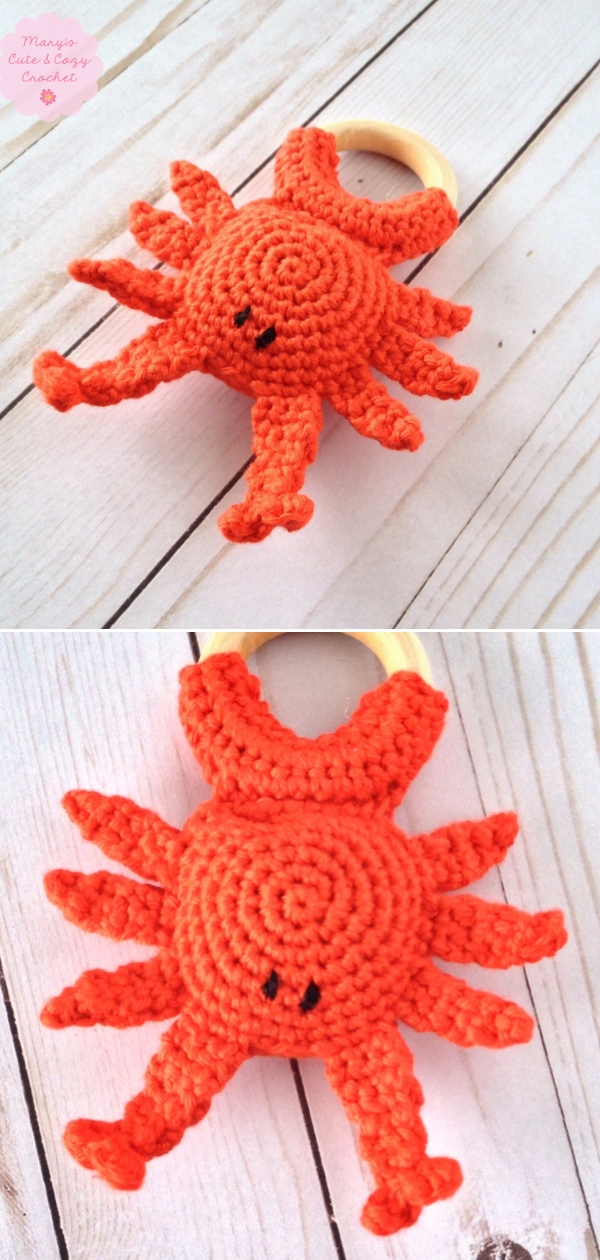 Crocheted crab teething ring.