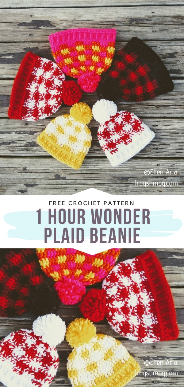 Plaid Motif Crochet Beanie