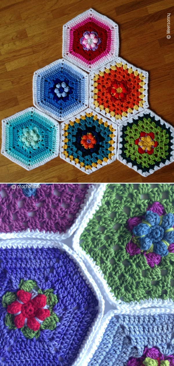 A crocheted hexagon rug with colorful flowers on it.
