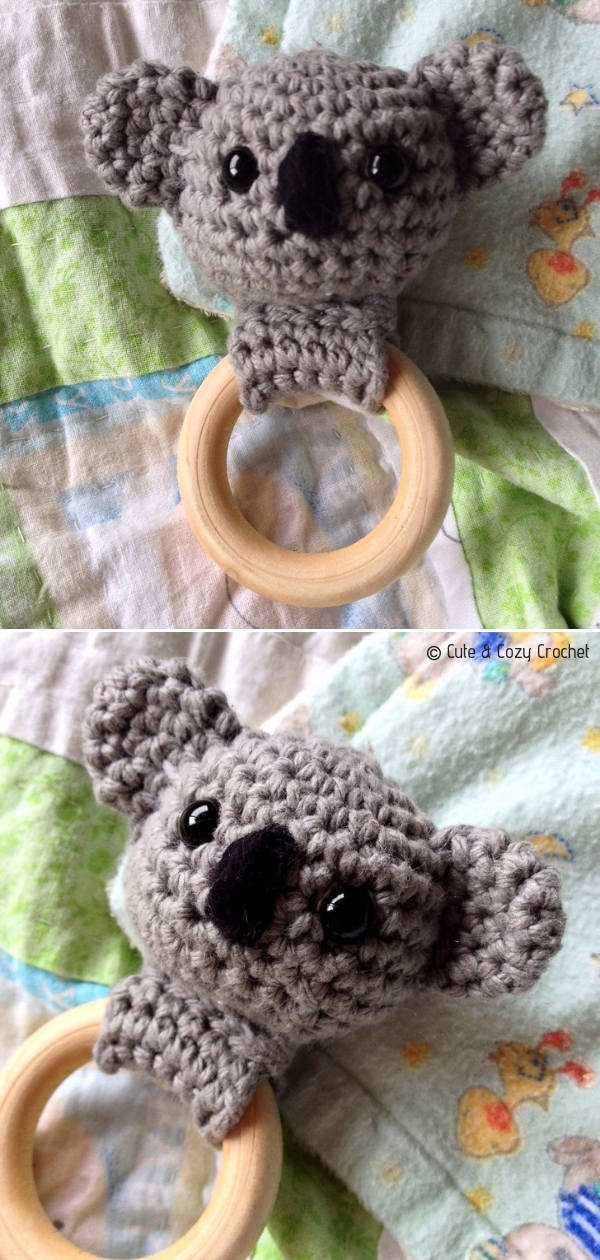 Crocheted koala pacifier ring.