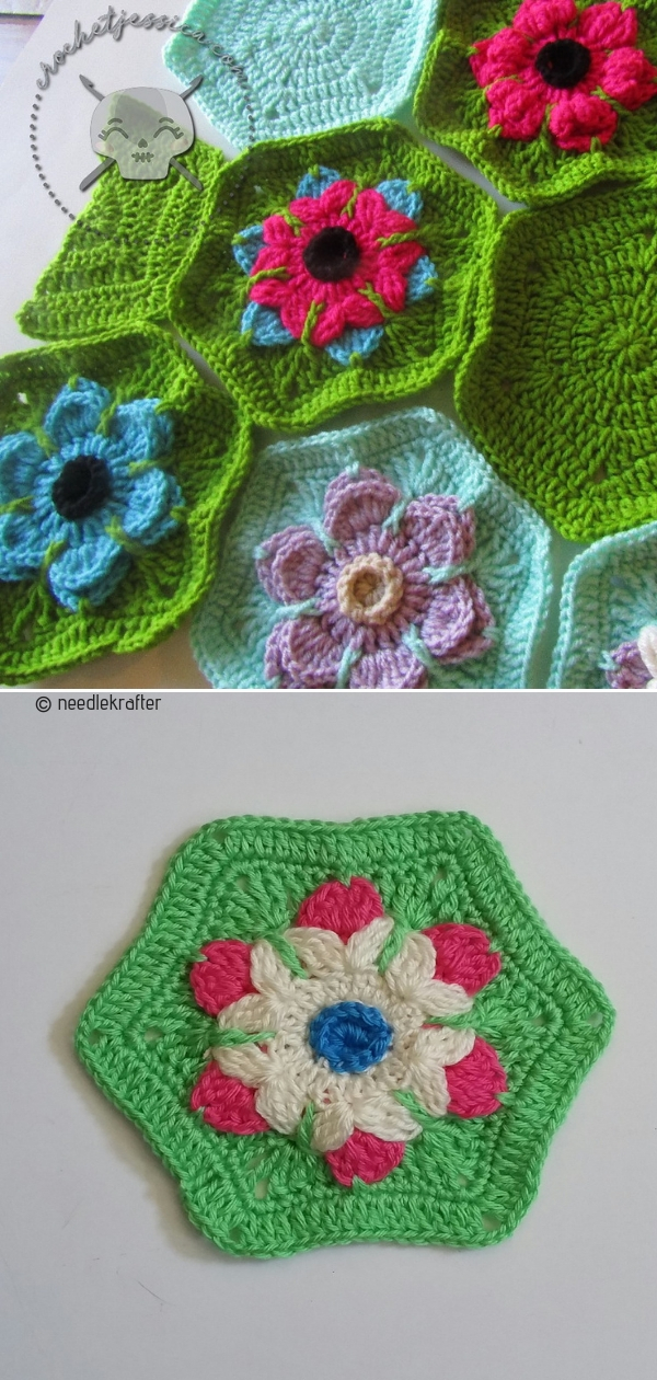 A crocheted hexagon with flowers on it.