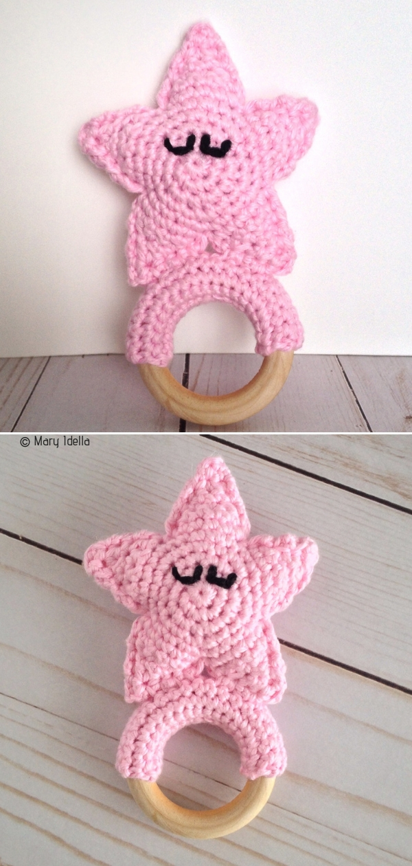 Two pictures of a crocheted star ring.