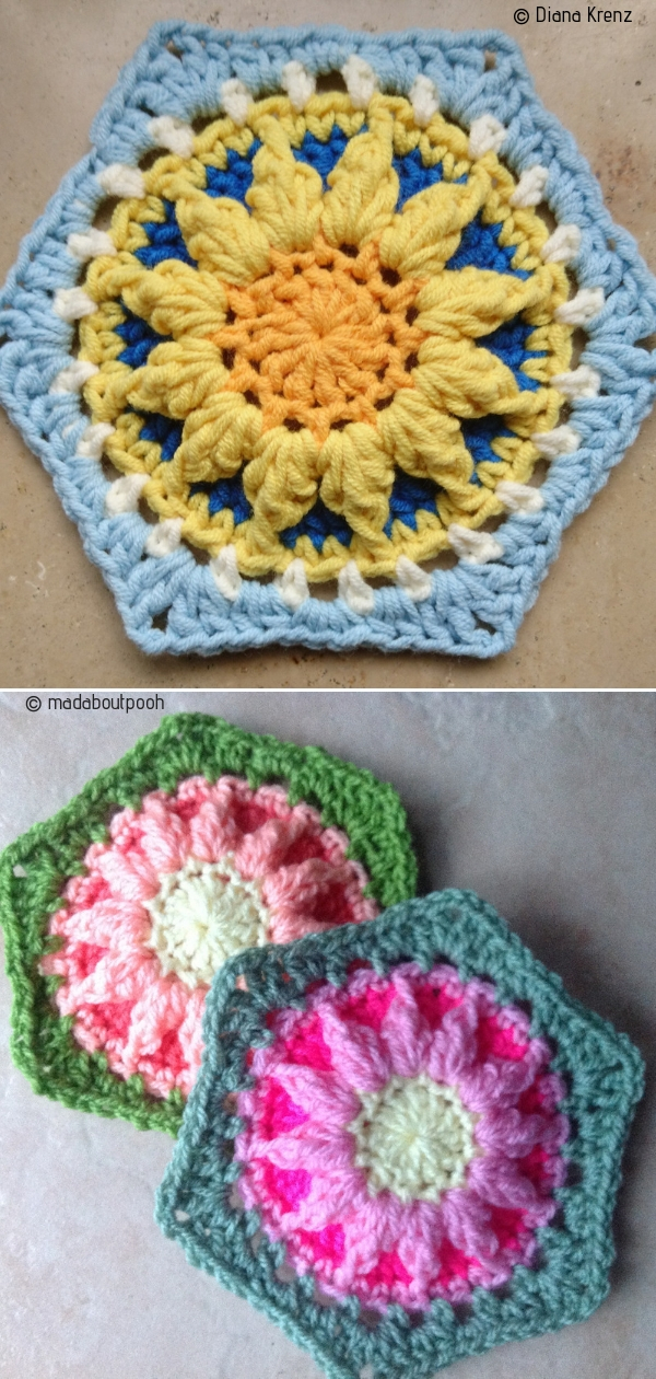 Two pictures of crocheted hexagons on a table.