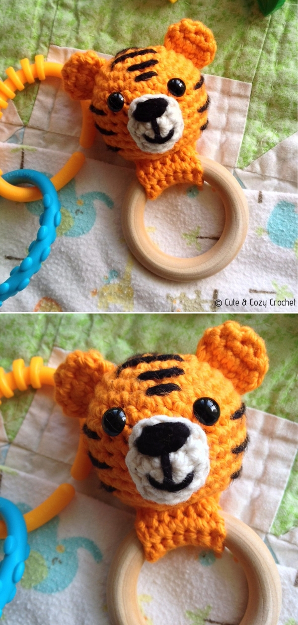 Crocheted tiger ring toy.
