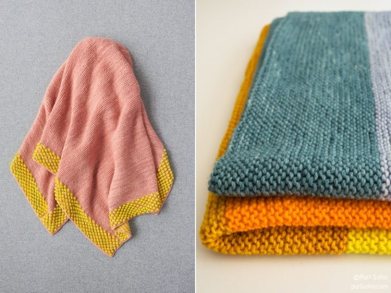 Two pictures of easy knitted blankets with yellow, orange, and blue stripes.