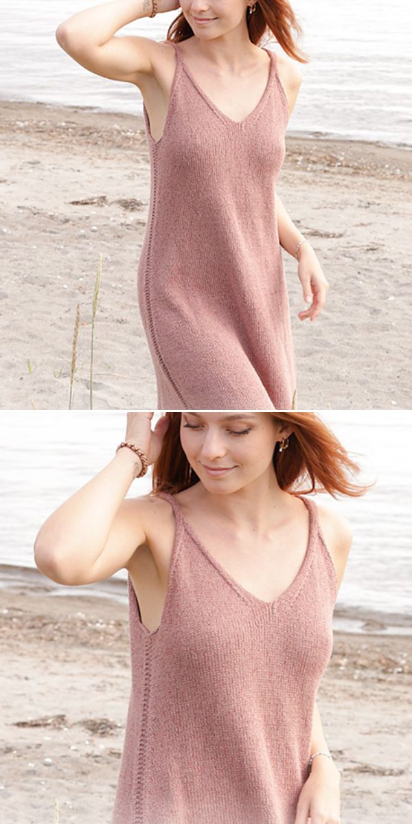 A woman in a sleeveless, pink knit dress stands on a sandy beach with water in the background, carrying a stylish crochet backpack.