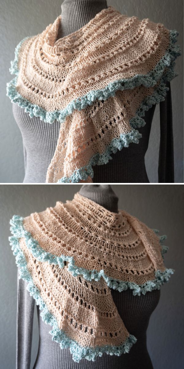 pale pink knitted shawl with frilly edging