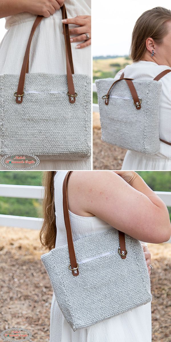 A woman models a light gray knitted tote bag with brown leather straps and a zippered pocket, shown from different angles, perfect for pairing with your favorite crochet backpack.