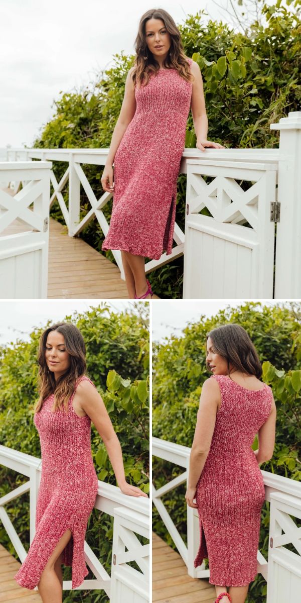 A woman stands on a wooden deck wearing a sleeveless, pink knit dress with side slits, styled with a crochet backpack. She is shown from front, side, and back angles; greenery and a white railing are in the background.