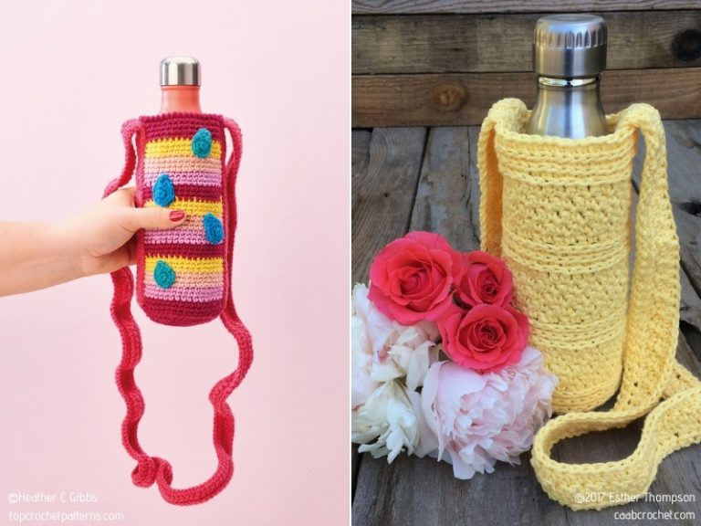 Two pictures of a crocheted bottle sleeve and a hand holding a bottle showcasing crochet bottle holders.