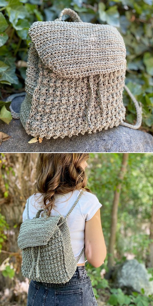 A handmade, textured crochet backpack is shown resting on a rock in the first image and being worn by a woman outdoors in the second, highlighting the unique charm of this crochet backpack.