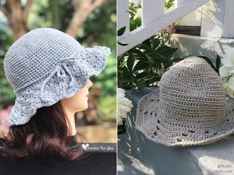 Two pictures of a woman wearing a crocheted hat.