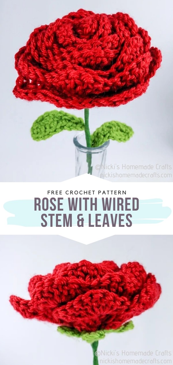 Crochet Rose with wired Stem & Leaves