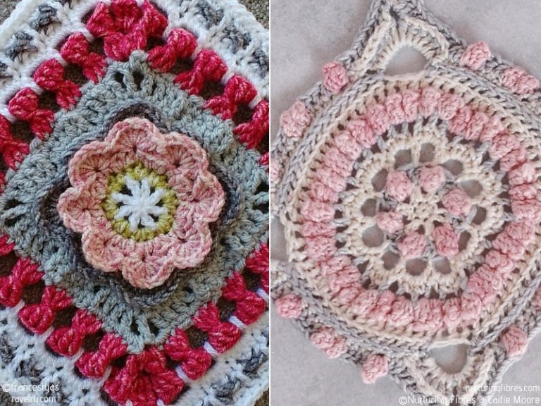 A crocheted square featuring a delicate flower appliqué.
