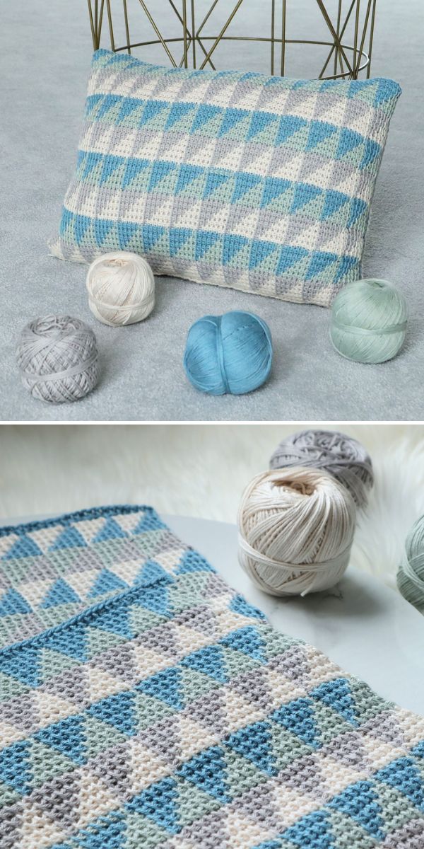  a crochet cushion with geometric triangle pattern in blue and white