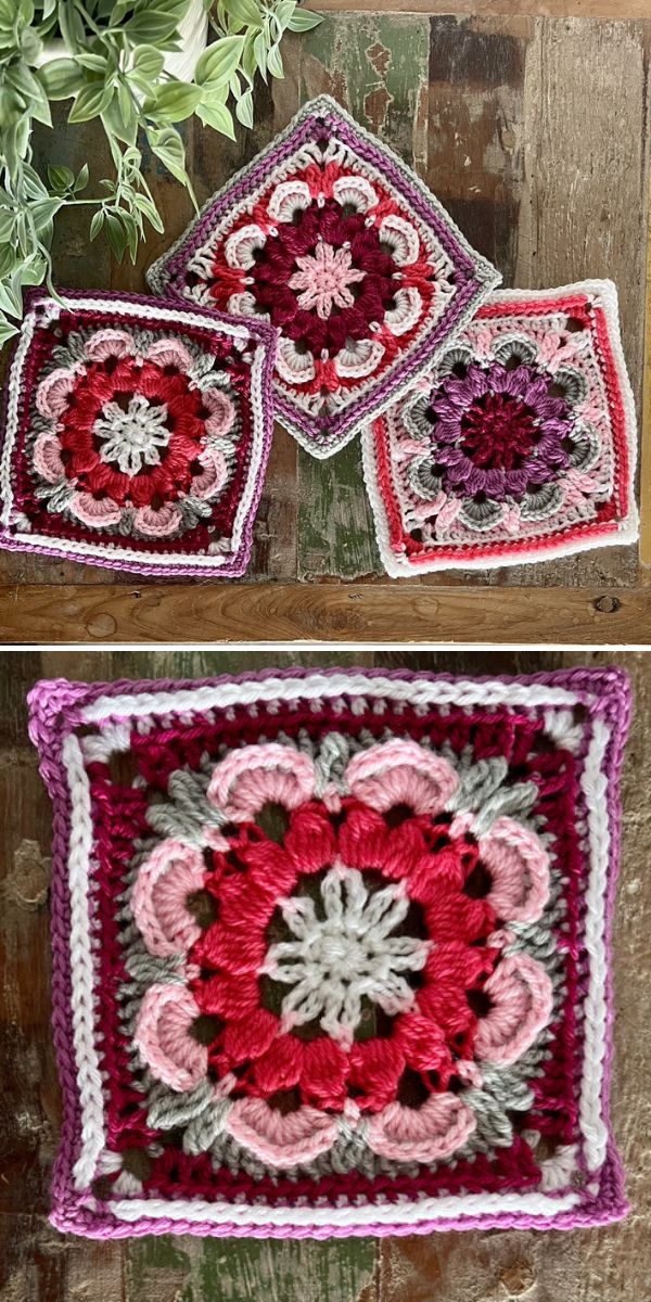 crochet squares with floral centers in shades of pink