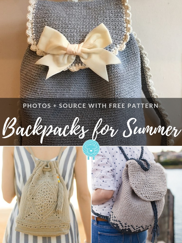a collage of crochet backpacks