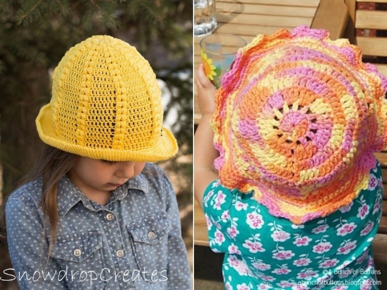 Two pictures showcasing cute crocheted sunhats for kids, modeled by a little girl.