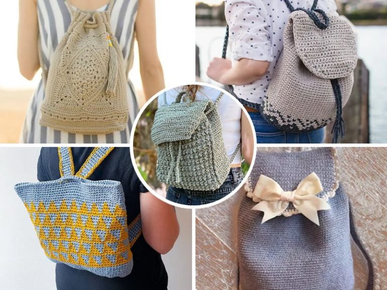 Collage of five different handmade Crochet Backpacks in various colors and patterns, displayed by people from the back and side.
