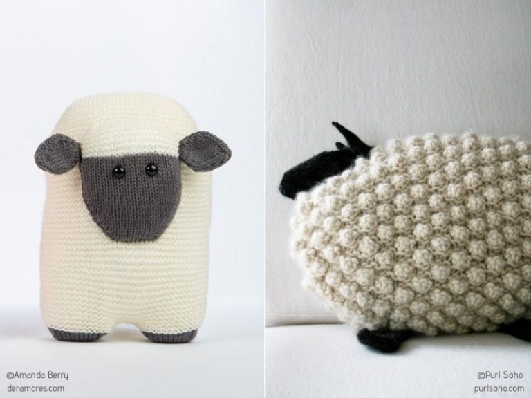 Two pictures of knitted stuffed sheep animals.