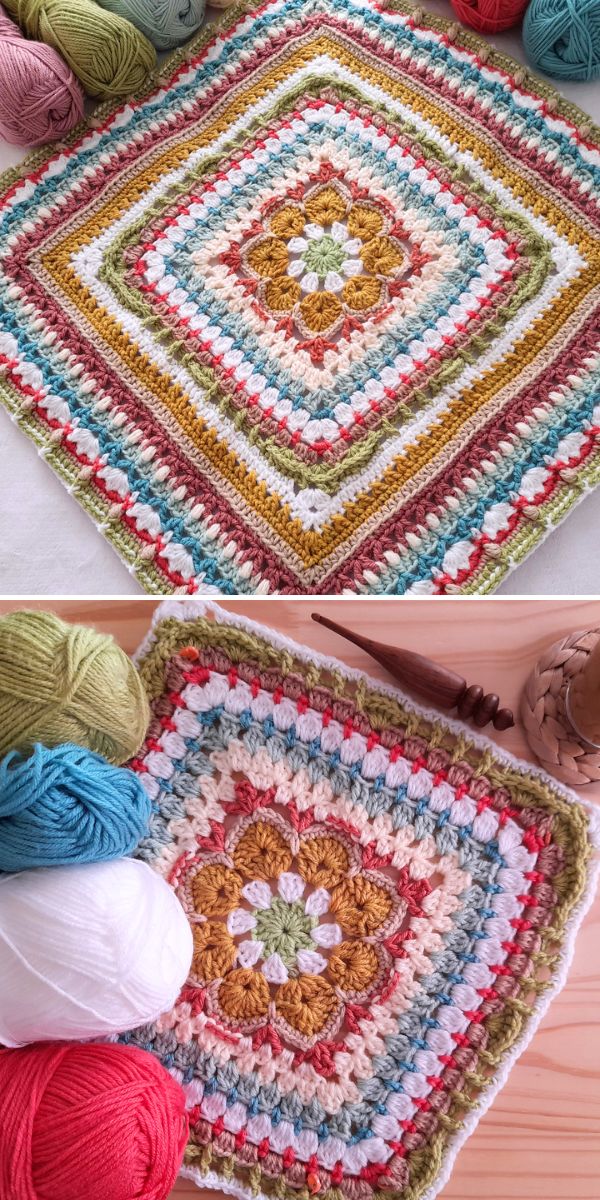 colorful crochet square with floral center